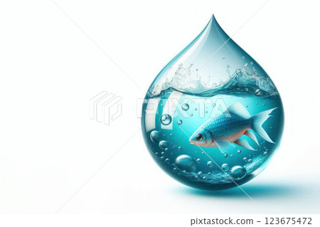 Blue fish inside a drop of water on a white background. Space for text. 123675472