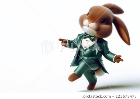 An elegant bunny in a tuxedo is dancing. Space for text. 123675473