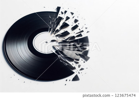 A broken vinyl record on a light background. Space for text. 123675474
