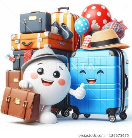 Suitcases and funny anthropomorphic characters ready for the journey. 123675475