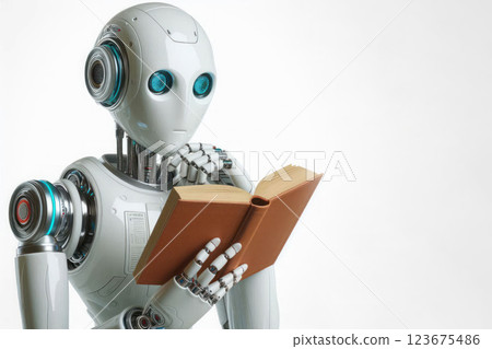 Robot reading a book. Space for text. 123675486