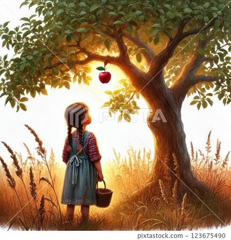 A girl under an apple tree lit by the morning sun. A girl under an apple tree lit by the morning sun. 123675490
