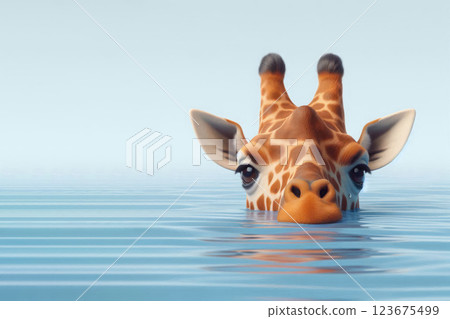 A giraffe cautiously peeks out of the water. Space for text. A giraffe cautiously peeks out of the water. Space for text. 123675499