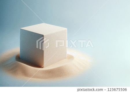 A white cube on the sand with soft shadows. Space for text. 123675506