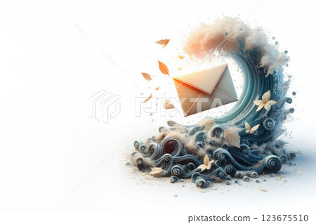 A wave with a letter among autumn leaves on a light background. Space for text. 123675510