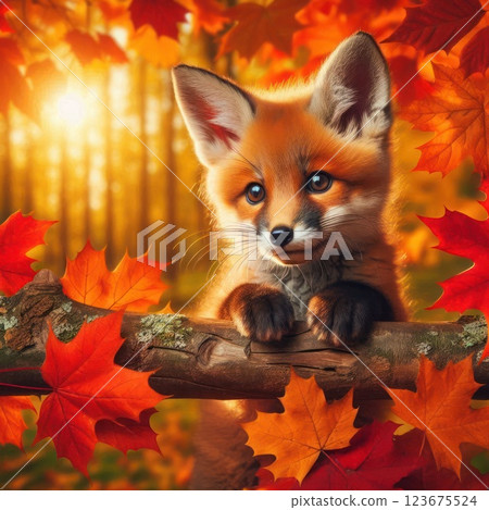 A fox cub against the background of an autumn forest. 123675524