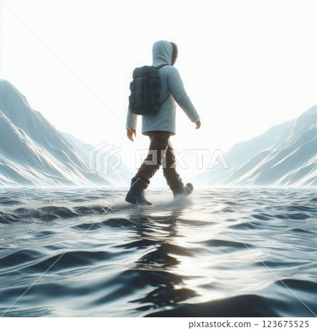 A man in winter clothes walks on water among the mountains. 123675525