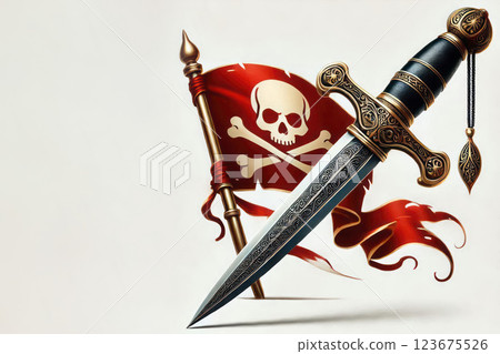A dagger with a pirate flag and a skull. Space for text. 123675526