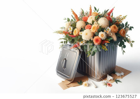 Bouquet of fresh flowers in a metal garbage can. Space for text. 123675527