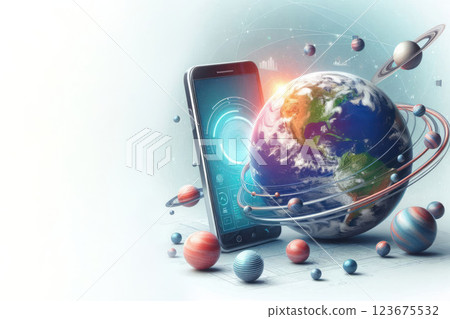 A mobile phone with planets orbiting the Earth. Space for text. A mobile phone with planets orbiting the Earth. Space for text. 123675532