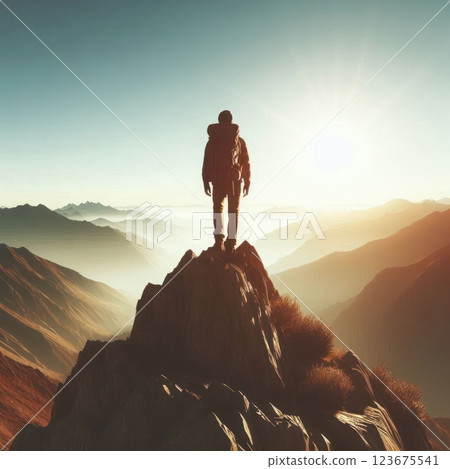 A traveler on top of a high mountain at dawn. 123675541