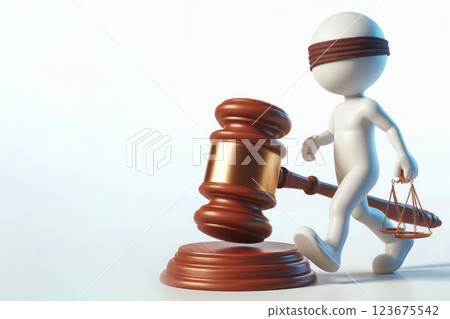 The figure of a character walking with scales and closed eyes against the background of a judge's gavel. Space for text. 123675542