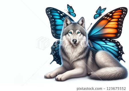 A wolf with butterfly wings and flying butterflies around. Space for text. 123675552