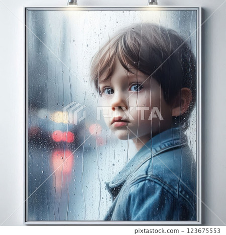 A sad boy behind a wet window with rain. A sad boy behind a wet window with rain. 123675553