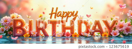 Happy birthday greeting with flowers and confetti. Happy birthday greeting with flowers and confetti. 123675619