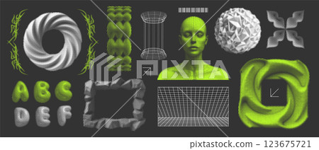 3D shapes and trendy universal elements in dotted halftone style. Retrofuturism shapes collection in memphis and vaporwave style. Distorted objects, design elements. Cyberpunk neon vector set 123675721