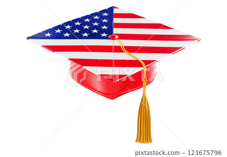 Graduation cap with the United States flag. Education in the USA, concept. 3D rendering 123675796