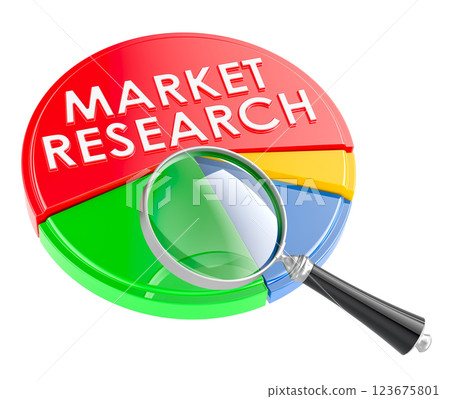 Market research, concept. Colored pie chart with market research text under magnifying glass. 3D rendering Market research, concept. Colored pie chart with market research text under magnifying glass. 3D rendering 123675801