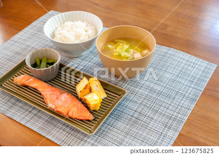 Grilled salmon and rice Japanese breakfast set 123675825