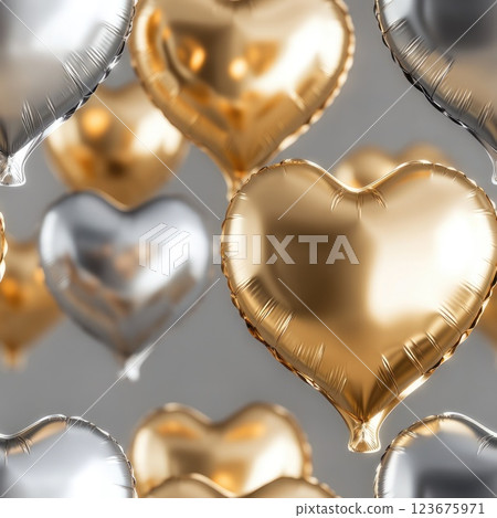 gold, silver foil helium balloons 3d seamless pattern on blurred background with depth effect 123675971