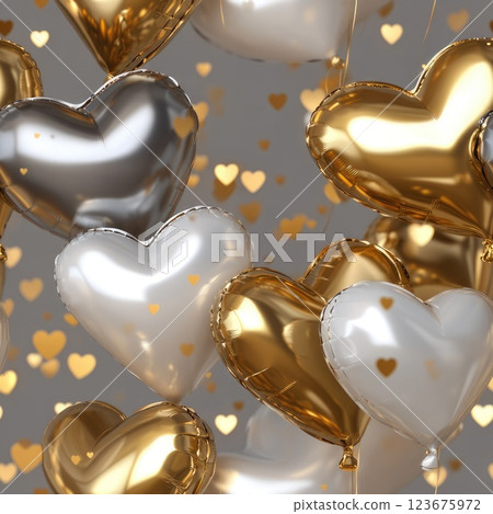 gold, silver, white foil helium balloons 3d seamless pattern with depth effect 123675972