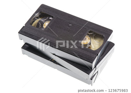 A stack of vintage VHS tapes isolated on white background A stack of vintage VHS tapes isolated on white background 123675983