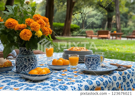 Elegant outdoor dining setup with floral tablecloth, marigold bouquet, and traditional blue and white ceramic tableware Elegant outdoor dining setup with floral tablecloth, marigold bouquet, and traditional blue and white ceramic tableware 123676021