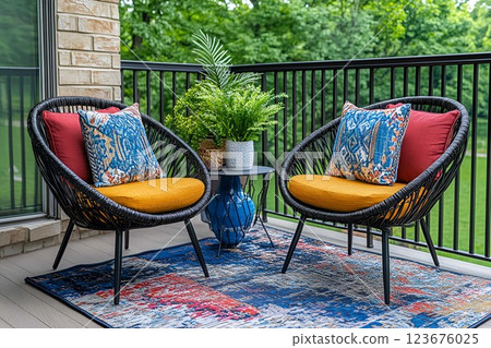 Modern balcony with stylish black wicker chairs, vibrant cushions, a patterned rug, and lush green plants 123676025