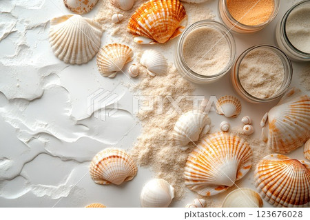 Seashells and glass jars filled with sand on a white textured surface, evoking a peaceful beach atmosphere Seashells and glass jars filled with sand on a white textured surface, evoking a peaceful beach atmosphere 123676028