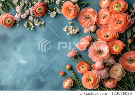 Peach and pink ranunculus flowers arranged on a textured blue surface, creating a soft and romantic floral scene Peach and pink ranunculus flowers arranged on a textured blue surface, creating a soft and romantic floral scene 123676029