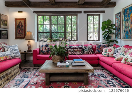 Bohemian-style living room with pink sofas, a wooden coffee table, and colorful ethnic decor elements 123676036