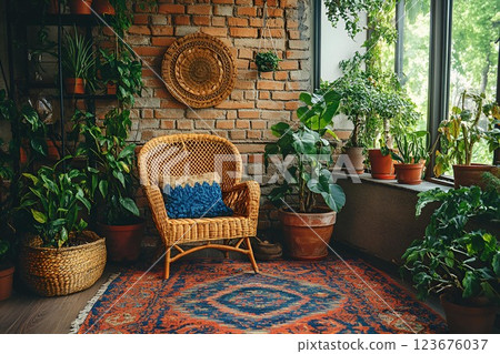 Cozy corner with a wicker chair, potted plants, and a brick wall, creating a natural and warm atmosphere Cozy corner with a wicker chair, potted plants, and a brick wall, creating a natural and warm atmosphere 123676037