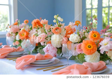 Elegant dining table decorated with fresh flowers in shades of peach, pink, and white, set with fine tableware Elegant dining table decorated with fresh flowers in shades of peach, pink, and white, set with fine tableware 123676039