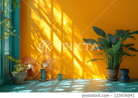 Bright sunlight casting shadows on a yellow wall, green plants in clay pots, and vintage fans creating a cozy atmosphere Bright sunlight casting shadows on a yellow wall, green plants in clay pots, and vintage fans creating a cozy atmosphere 123676041