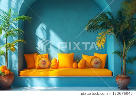 Cozy alcove with vibrant orange cushions and pumpkins against a turquoise wall, surrounded by lush green plants 123676043
