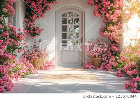 Elegant garden entrance with a white door surrounded by blooming pink roses in wicker baskets and sunlight filtering 123676044