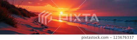 A vibrant sunset over a sandy beach. 123676337