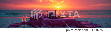 Romantic beach setup at sunset. 123676338