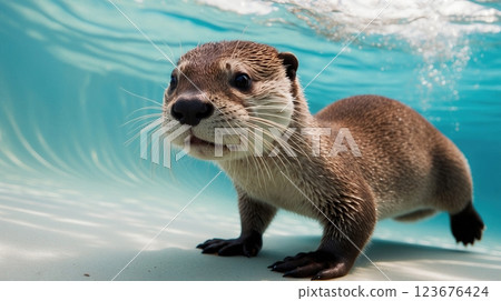 Curious Otter Looks Up at Camera from Water with Prominent Whiskers Curious Otter Looks Up at Camera from Water with Prominent Whiskers 123676424