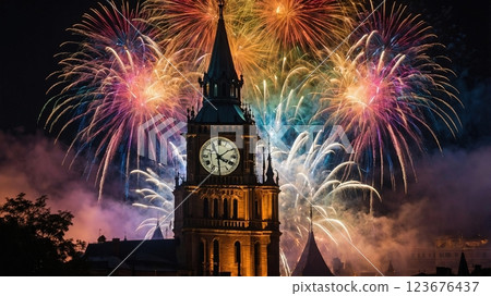 Spectacular Fireworks Show Illuminating the Night Sky Above Big Ben in London England 123676437