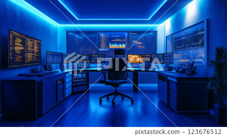 Modern cybersecurity command center with multiple monitors and blue neon lighting in a futuristic office space 123676512