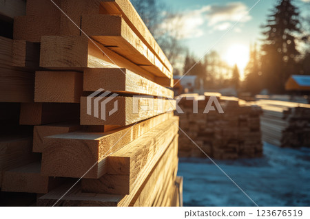 Sunlit lumber piles in outdoor sawmill yard at sunrise with stacked timber boards 123676519