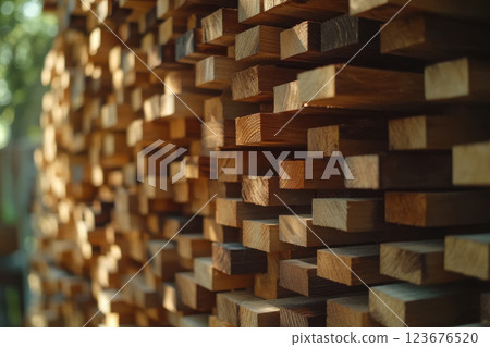 Stacked wooden planks in sunlight creating shadows and patterns in outdoor setting Stacked wooden planks in sunlight creating shadows and patterns in outdoor setting 123676520