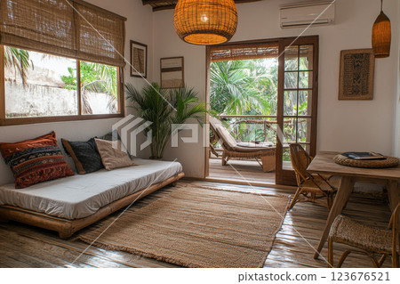 Cozy tropical living room with natural decor and wooden furniture overlooking a green garden patio through glass doors 123676521