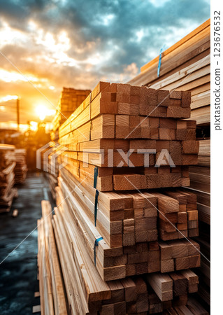 Stacks of lumber at sunset in outdoor industrial timber yard with dramatic clouds 123676532