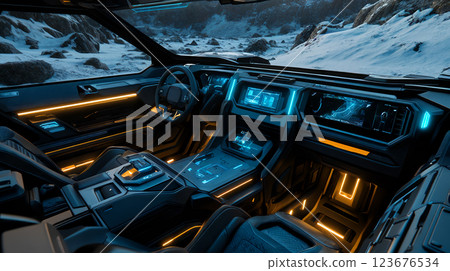 Futuristic vehicle interior with digital displays and neon lighting in snowy mountain landscape 123676534