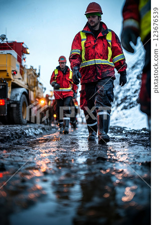 Workers in red safety gear navigate muddy construction site with heavy machinery and snowy background 123676539