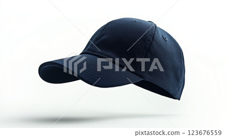 Stylish navy cap floating against a simple white background 123676559