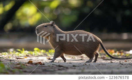 Capybara walking through a natural park during sunny afternoon hours 123676578