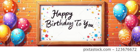 A framed sign with balloons and confetti. 123676672